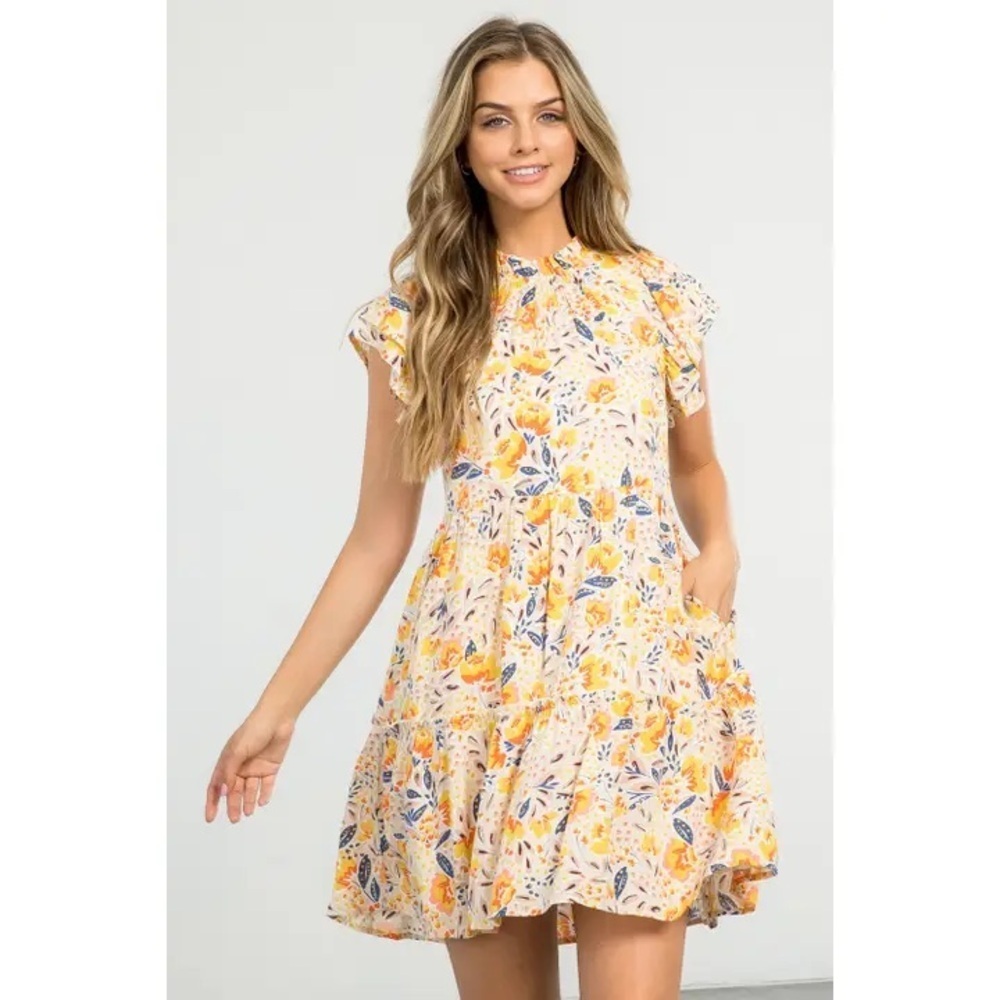 THML Smocked Neck Babydoll Dress Printed Size Small